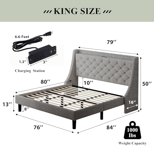 Feonase King Bed Frame with Luxury Wingback Upholstered Button Tufted Storage Headboard, King Platform Bed with Charging Station, Sturdy Wooden Slats Support, Noise-Free, Easy Assembly, Light Gray