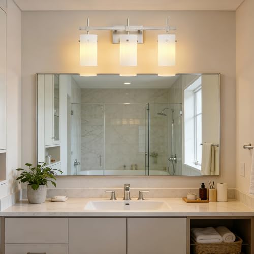 Image of SOLFART Brushed Nickel Bathroom Light Fixtures, 3-Light Modern Vanity Light Over Mirror, Wall Sconces with Milky White Frosted Glass Shades, E26 Socket (Bulbs Not Included)