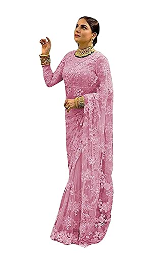 CACA RADHEY CREATION fashion Store Fashion Satin Net Heavy Embroidered Work Saree, Pink