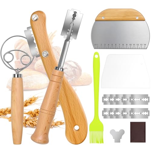 Jukibole Bäckermesser Set 6-teilig mit Teigmesser Dänischer Schneebesen | 10 Ersatzklingen Lederschutzhülle 2 Teigschaber Backpinsel Zum Einritzen für Brote