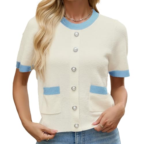 Image of URBAN REVIVO Women's Short Sleeve Sweater Summer Crew Neck Cropped Color Block Tops Casual Knit Shirts with Pockets