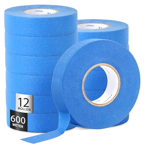 WUFANC Masking Tape pour Peinture Ruban Adhésif de Précision pour Travaux de Rénovation, Décoration et Bricolage Ruban de Masquage pour Peinture Facile à Retirer sans Résidus (12Rouleaux-24 mm x 50 m)