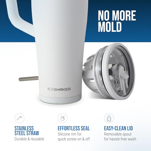 Image of Ice Shaker 40 oz Tumbler with Handle and Straw | 40oz White | Cold for 30+ Hours | 2-in-1 Tumbler Shaker Bottle | Odor-Free 40 ounce Bottle for Water, Protein Shakes, Smoothies, Cocktails