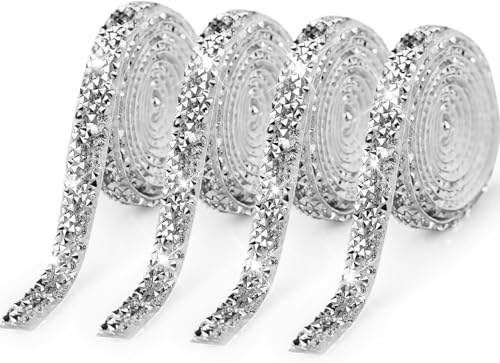 JRSHIRLEYLTD 4 rouleaux de ruban de diamants en cristal autocollant, strass en résine scintillante, décoration pour mariage, anniversaire, bricolage (argent,...