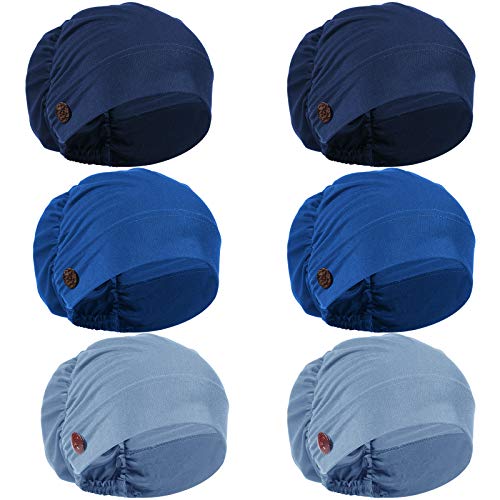 6 Pieces Bouffant Caps with Buttons, Soft Unisex Stretch Headband Elastic Turban Headwrap with Ear Loop Holder Button for Protecting Ear (Sapphire Blue, Navy Blue, Denim Blue)