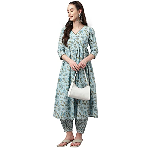 Image of FIORRA Women's Light Blue Pure Cotton Flared Kurta with Pant