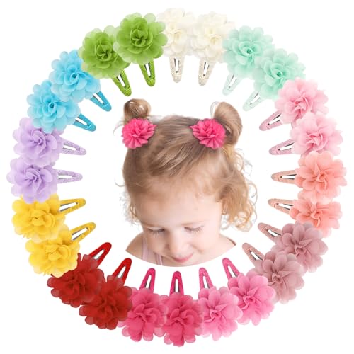 DeD 24PCS 2.7' Chiffon Flower Hair Bows Clips Flower Tiny Hair Clips Fine Hair for Girls Infants Toddlers Set of 12 Pairs