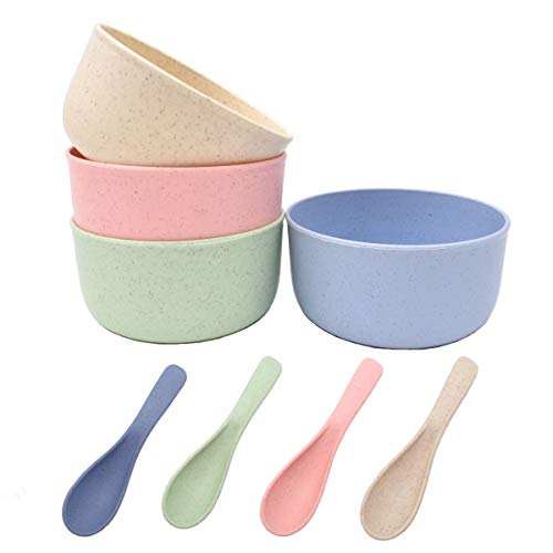 Zliger 4 Piezas Juego Cuencos Cereales Cuchara Trigo Paja Plástico Tazón Cuchara Cuencos Sopa Ensalada Tazones Vajillas para Niños Adulto Anciano
