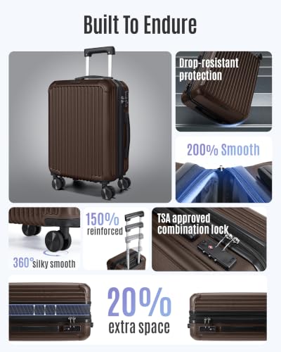 Image of LIGHT FLIGHT Carry On Luggage 22x14x9 Airline Approved, Coffee Brown | Airline Approved, Hard Shell with Wheels, Expandable Hardside, Lightweight, TSA Lock