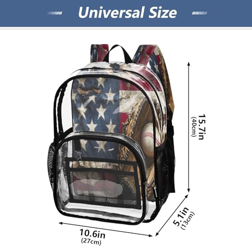 American Flag Baseball Glove Clear Backpack Heavy Duty See Through Transparent PVC BookBag for Kids Boy Girl School Work4