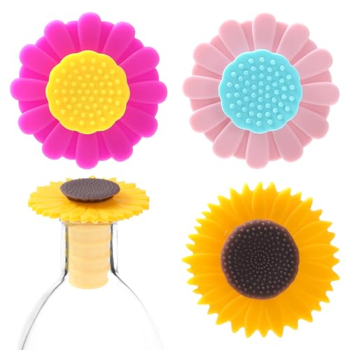 3 Pcs Wine Bottle Stopper Sunflower Cute Wines Bottle Stoppers Silicone Wine Stopper Wines Seal Stoppers Can Be Reused to Keep Fresh (Yellow Pink Purple)