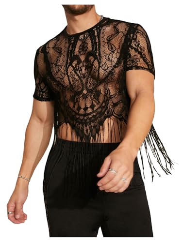 SHENHE Men's Sheer Floral Lace Fringe Short Sleeve Crewneck Cropped Tee Party Shirt Top