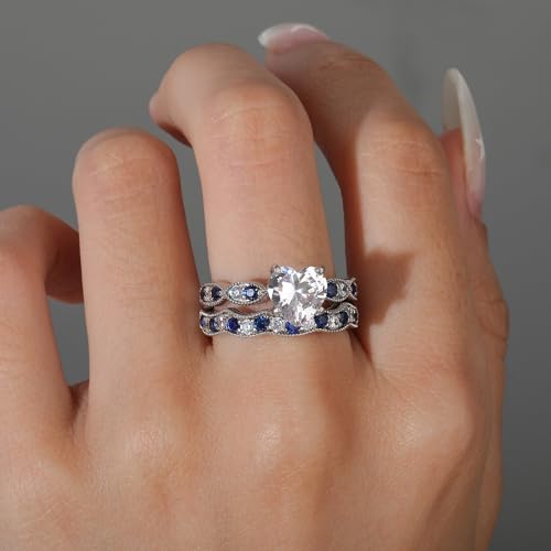 Image of Jeulia 3 Carat CZ Solitaire Engagement Rings Halo Milgrain Heart Cut Sterling Silver Ring Set Promise Engagement Wedding Anniversary Rings Bridal Sets for Women