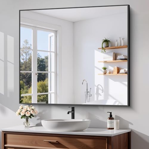 Image of COFENY Black Bathroom Mirror for Wall, 36x40 Inch Rectangle Mirrors with Metal Frame, Modern Rectangular Wall Mirror for Bathroom Living Room, Entryway Hangs Horizontal or Vertical