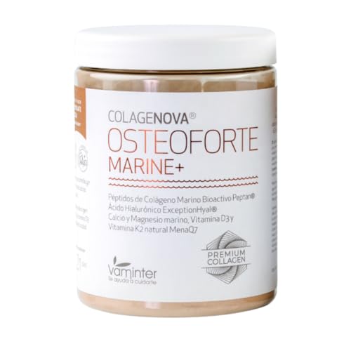 COLAGENOVA, Osteoforte Marine+, Peptidos Peptan® Marino, Ácido Hialurónico, Calcio, Magnesio, Vitaminas D3 y K2 natural MenaQ7, Ayuda a Mejorar la Densidad Ósea (315 Gr, Café)