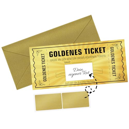 WenmthG Goldenes Ticket - Gutschein zum selber ausfüllen mit Rubbelaufkleber - Karte als Geburtstagskarte, Essensgutschein, Kinogutschein - Rubbellose zum Selbstgestalten - Geschenke für Frau, Mann