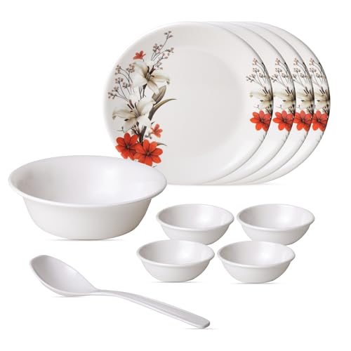 Image of Golden Fish 10 Pieces Dinner Set for Kitchen & Dining | 4 Full Plates, 4 Veg Bowls, 1 Donga & 1 Serving Spoon | Complete Family Serveware Set for Daily Use, Hosting & Gifting