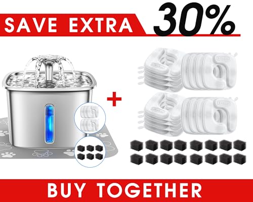 veken 95oz28l cat water fountain stainless steel amp original design 32 pack replacement filters amp sponges set silver