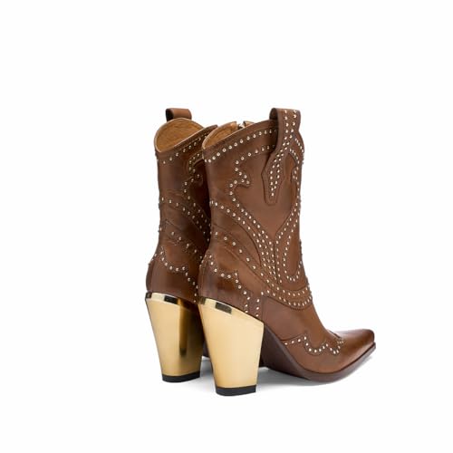 Tsrenlmln Cowboy Boots for Women Western Boots with Chunky Heel - Stylish Sharp tip rivet Boots for Women golden heel4
