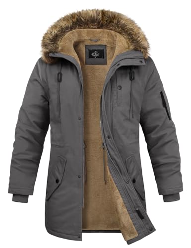 Lonya Abrigo Hombre Invierno Chaquetas de Algodón Forro Polar Cálido Parka Gruesa Cuello De Piel Desmontable Prueba de Viento Cazadora con Capucha Integrada Bolsillos Múltiples, Gris Oscuro, M