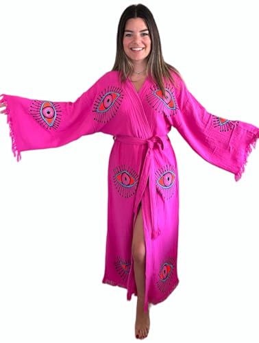 Handmade Evil Eye Kimono - Fuchsia Festival Women Clothing - Bohemian Robe - Boho Cotton Cardigan - Dressing Gown