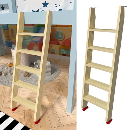 Image of 50 inch 55 inch 60 inch Black Wood Bunk Bed Ladder, Lofted /Dorm /RV Bed Bunkbed Ladders with 4in Extra Wide Steps and Non-Slip Pads, Replacement Wooden Ladder for Motorhome /Camping (Wood Color, 55in /140cm)