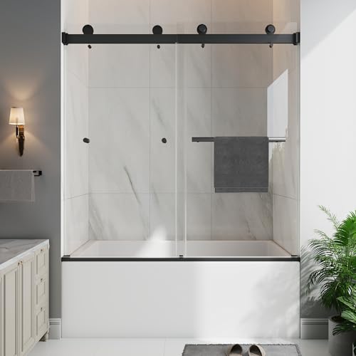 EASYWORC Frameless Bathtub Shower Door 55-60 W x 60 H Double Sliding Tub Shower Door 1/4(6mm) SGCC Tempered Glass with Explosion-Proof Film Nano Coating Matte Black