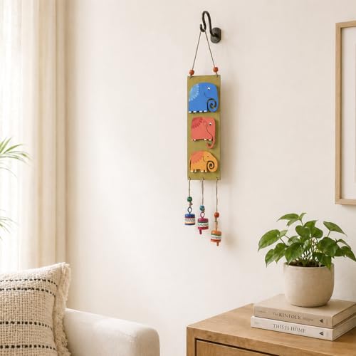 Image of Aakriti Art Creations Trinity of Elephants Windchime Multicolor | Handmade Modern Art Wooden & Metal Wind Chime | Matte Decorative Wind Chimes for Balcony, Garden, Living Room & Gifting