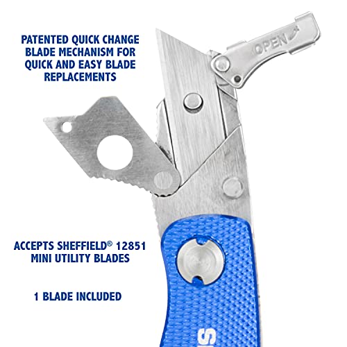 Sheffield 12116 Mini Ultimate Lock Back Utility Knife | Cut Boxes, Paper, Twine, Etc. | Extra Quick-Change Blades Can Be Stored In Handle | Durable & Light Weight | Steel Blades, Aluminum Handle |Blue #TOP3