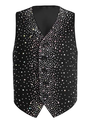 Boys Rhinestone Formal Suit Vest Kids 5-Button Closure V Neck Glitter Waistcoat Vest