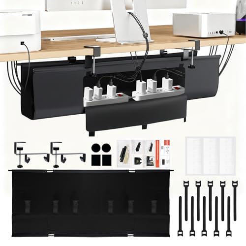 No Drill Under Desk Cable Management Tray - 36' Premium Fabric Cord Organizer for Table - with...