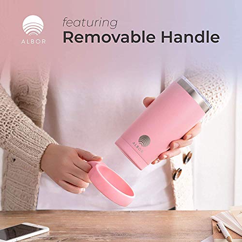 ALBOR Triple Insulated Stainless Steel Tumbler 20 oz Pink Coffee Travel Mug With Handle - Thumbnail 4