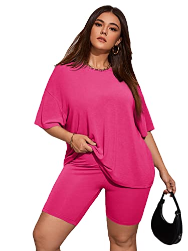 Wdirara Women's Plus Size 2 Piece Outfits Half Sleeve Oversized Tee With Biker Shorts Set Tracksuit Hot Pink 1Xl #TOP9