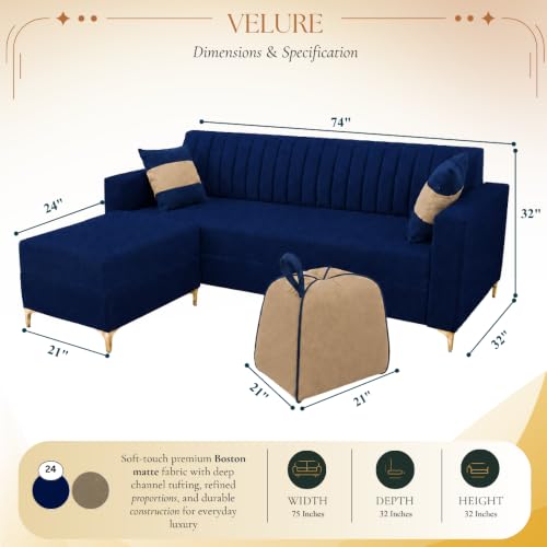 Image of FURNY Signature Regalia 4-Seater L-Shape Sofa Set with Movable Ottoman & Accent Suri Pouf | Flexible LHS /RHS Layout | Boston Fabric | 40D Foam + Zigzag Spring | 3-Yr Warranty (Midnight Blue, Beige)