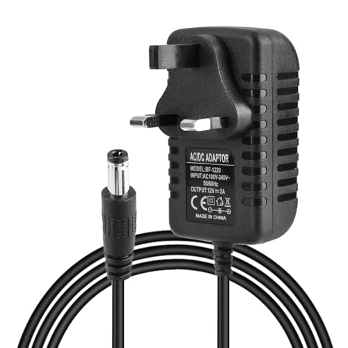 12V 2A Power Supply UK 1M Cord Universal 12V AC to DC Adapter 100-240V 50/60hz Transformer with 5.5mm x 2.5mm Jack for Led Strips Lights CCTV Camera Video Audio(Factory-Fitted UK BS 1363 3-Pin Plug)