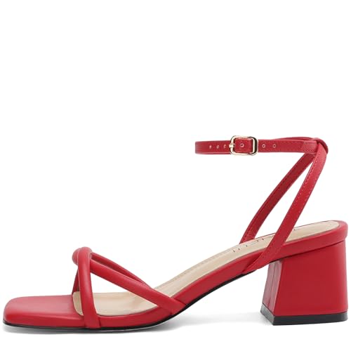 Image of TEAIEUI Chunky Heels for Women, Square Open Toe Heeled Sandals, Strappy Ankle Strap Shoes for Dress, Party, Prom, Block Low Heel 2 inch
