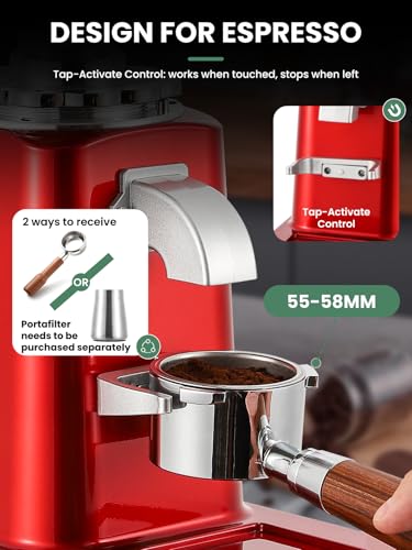 Image of Huanyu 60mm Flat Burr Coffee Grinder, Lockable Dial & Dual Dosing, Red