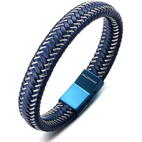 HALUKAKAH Plus ● Jazz ● Men's Genuine Leather Bracelet Titanium Magnetic Clasp Size Adjustable 8.5"(21.5cm) with Free Giftbox (Sail Blue 21.5cm) Cover