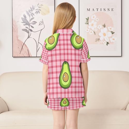 senya Pajama Sets Silky Button Down Nightwear Sleepwear Size 5-14 Years Pink Checkered Avocado4