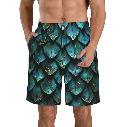 Men's Quick Dry Swim Shorts Dragon Scales Dark Blue Green Fantasy Style Beach Trunks with Pockets