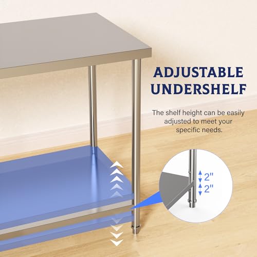 Stainless Steel Table, 48" x 24" Prep Workstation, 1000 LBS, NSF Commercial Work Table with Adjustable Undershelf and Galvanized Legs, for Restaurant, Home, Kitchen, Hotel, Outdoor
