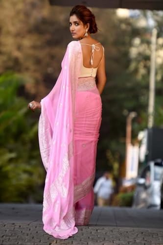 Image of SGF11 Women's Kanjivaram Soft Cotton Linen Silk Saree With Blouse Piece (Pink)