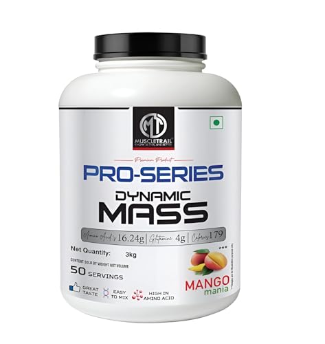 Image of MuscleTrail Pro Series Dynamic Mass Gainer|(Mango,3kg)|4g glutamine|16.24g Amino Acid|179 Cals|Easy to mix, Powder
