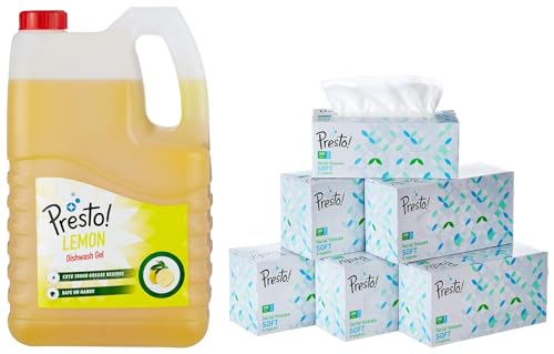 Image of Amazon Brand - Presto! 2 Ply Facial Tissue Carton Box - 200 Pulls (Pack of 6) & Amazon Brand - Presto! Dishwash Gel - 5 L (Lemon)