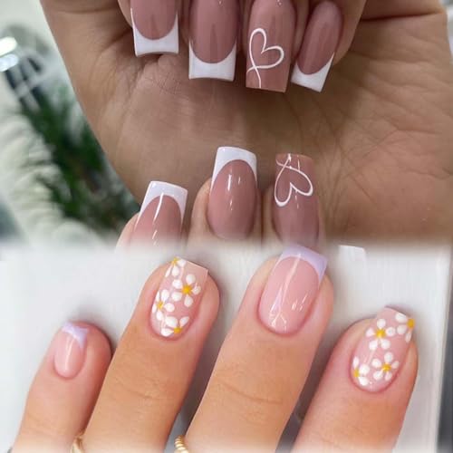 48PCS Wearable Fake Nails for Women, 2 Boxes Square Medium Length Stick on Nails with Gel Glue, Artificial Nails Extensions for Girls, Perfect for Parties, Weddings, Dating and Daily Fashion