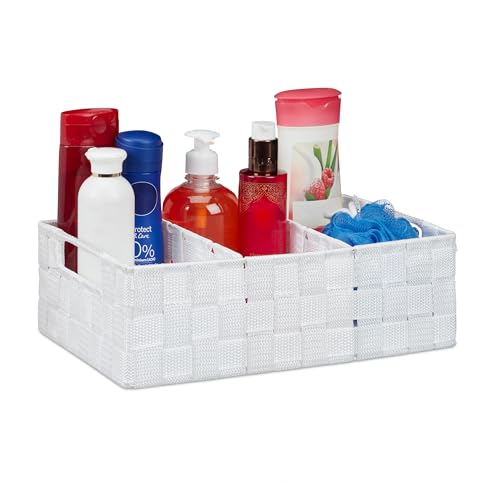 Relaxdays Corbeille de Rangement avec Compartiments, Stockage cosmétique, Salle de Bain, poignées, 10x32x21 cm, Blanc
