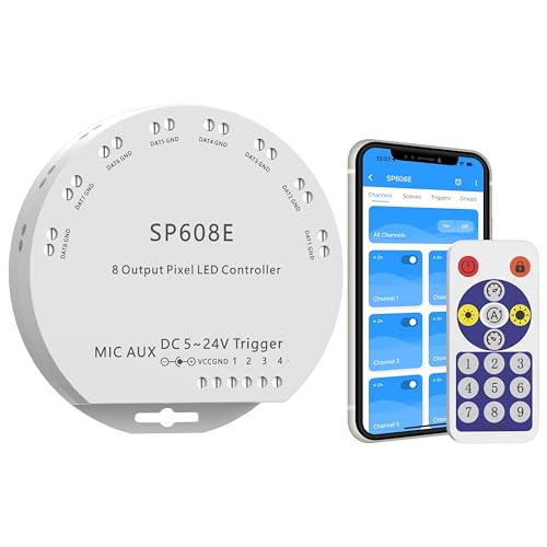 Image of PAUTIX SP608E SPI Pixel LED Controller with 8 Signal Outputs,Work with RGB Smart IC COB LED Strips,Built-in Mic /AUX Music Bluetooth for WS2811 LED Module Pixel Strip Light APP /Remote /Trigger Control