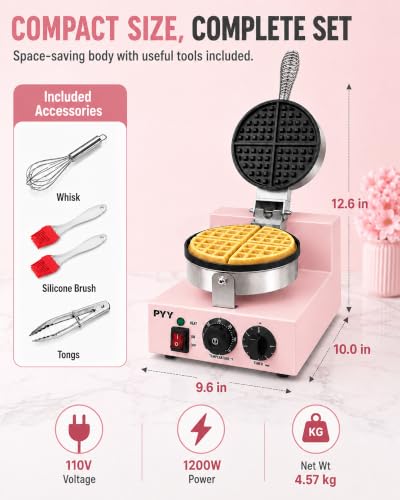 Image of PYY Commercial Waffle Maker, 1200W Professional Waffle Maker Commercial with Nonstick Plates, 122F-572F Temp Control, 5-Min Timer, Cool Touch Spring Handle, Home Kitchen Cafe Restaurant, Pink