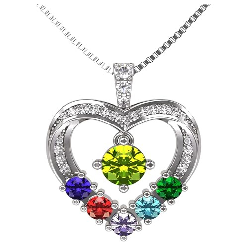 Central Diamond Center Mother & Child Heart Birthstone Necklace w/ 1-6 Simulated Gemstones in Sterling Silver, 10K, or 14K Gold