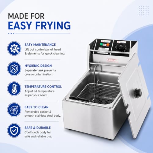 Image of Modern India Kitchenware 6 Litre Electric Deep Fryer, Stainless Steel Commercial Kitchen Appliance with Temperature Control